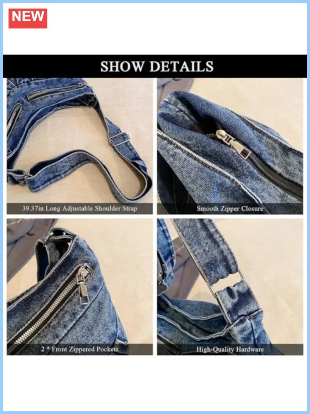 Denim Crossbody Bag Large Capacity Hobo Shoulder Purse Adjustable Strap